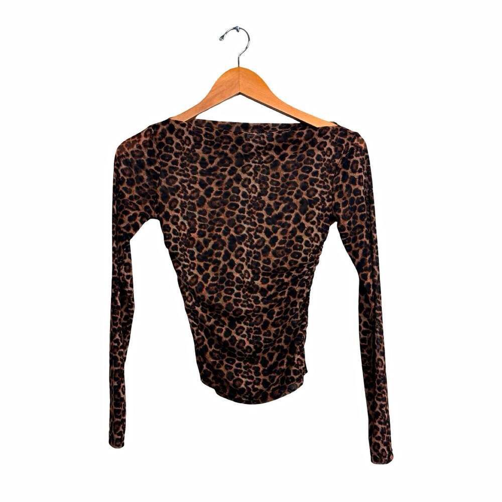 Envie Women’s Leopard Print Mesh Ruched Long Sleeve Scoop Neck Top Size S